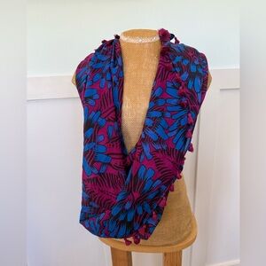 J. Crew Exotic Floral Infinity Scarf Tassels Blue Purple Resort Lightweight
